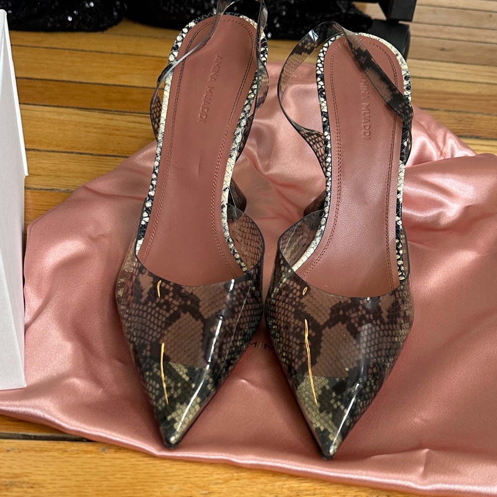 Amina Muaddi Black and Brown Snake Print Heels